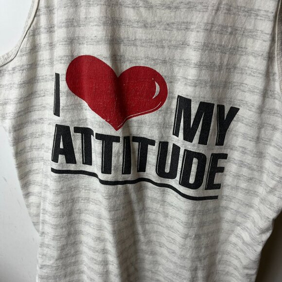 Vintage I Love My Attitude Tank Top Gray Cream XL Extra Large USA Striped Logo - Picture 5 of 14